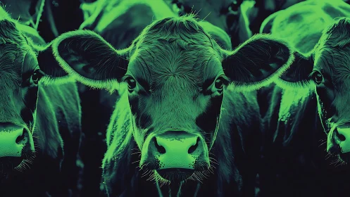 Neon duotone close up of dairy cows in frontal alignment