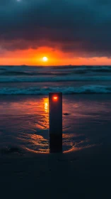 Lone futuristic beacon glows against a blazing ocean sunset.