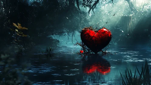 Crystalline Heart in Ethereal Forest Water with Atmospheric Volumetric Lighting
