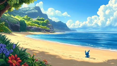 Tropical Paradise Beach with Blue Figure and Verdant Cliffs.