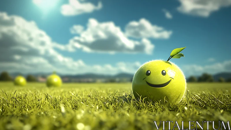 Smiling green tennis ball brightens a sunny meadow day