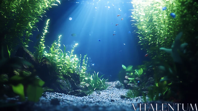 Volumetric caustics in a densely planted aquatic microcosm.