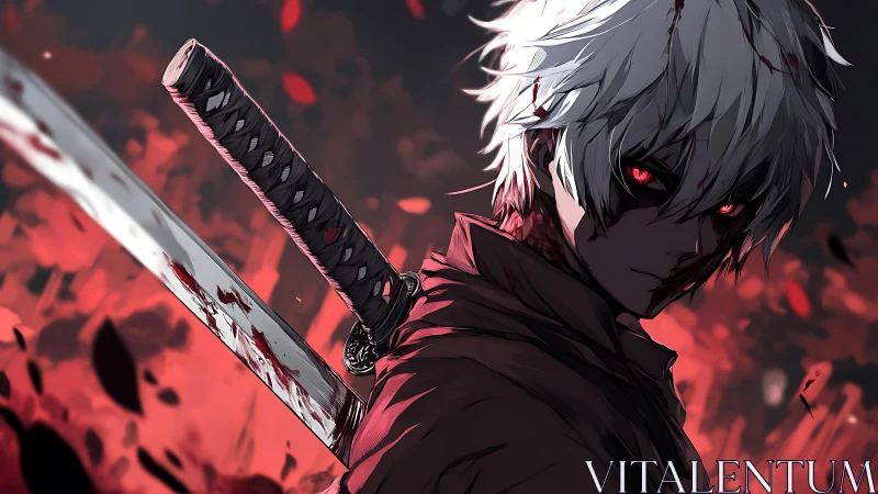 White haired swordsman with red eyes in scarlet haze.