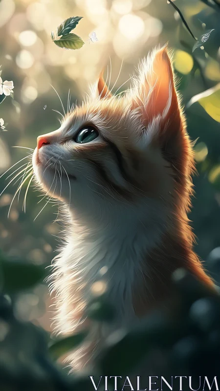 Sunlit kitten gazes at dancing leaves in a soft forest glow.