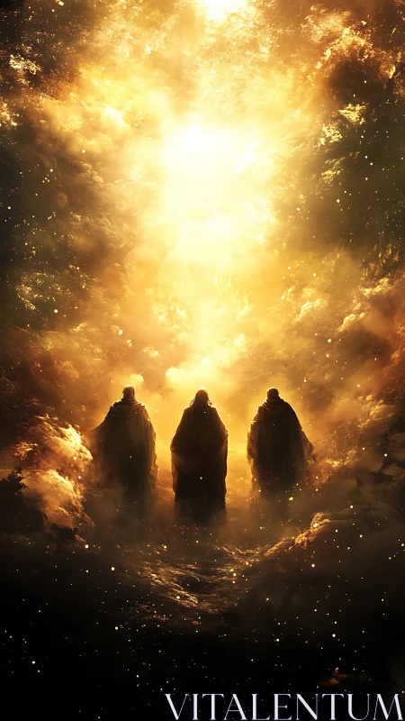 Cloaked figures approach central luminous vortex within radiant cloud field