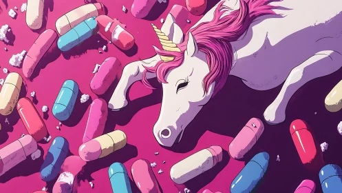 Unicorn figure lies amid oversized capsules on magenta field