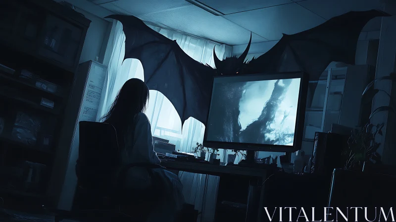 Cinematic office horror scene contrasts monitor glow and demon wings