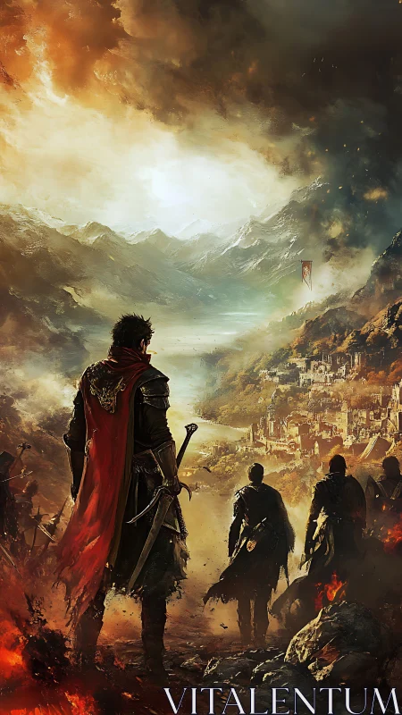 Armored warband overlooking burning valley citadel at dusk