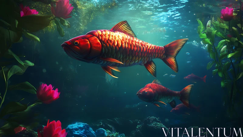 Iridescent koi fish glide through luminous aquatic garden.
