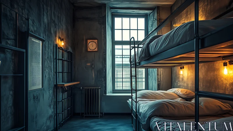 Moody bunkbed hideout in industrial twilight glow.