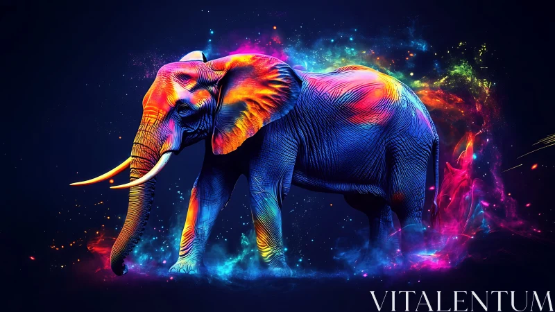 Multicolored digital elephant with neon spectral glow.