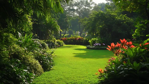 Lush garden lawn bordered by dense tropical plants.