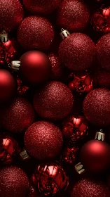 Red Christmas ornaments in dense festive arrangement.