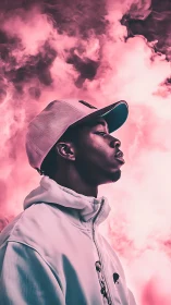 Soft pink smoke frames a thoughtful streetwear portrait