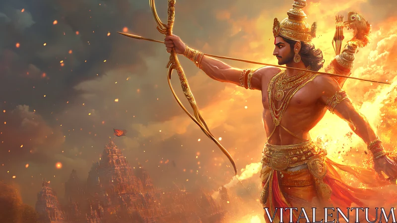 Epic warrior archer ignites a mythic battlefield in firelight