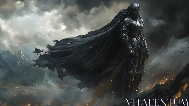 Dark armored knight dominates storm-swept volcanic ridge.