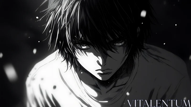 Monochrome anime portrait of young male with downward gaze.