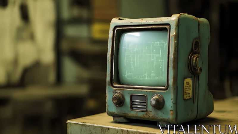 Weathered teal retro monitor glowing with soft blueprint light.
