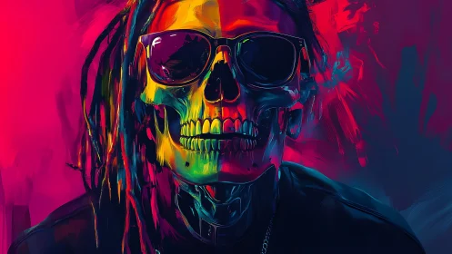 Neon skull portrait merges human features with cyber details