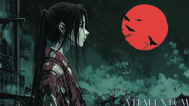 Profile view shows kimono figure under red moon sky
