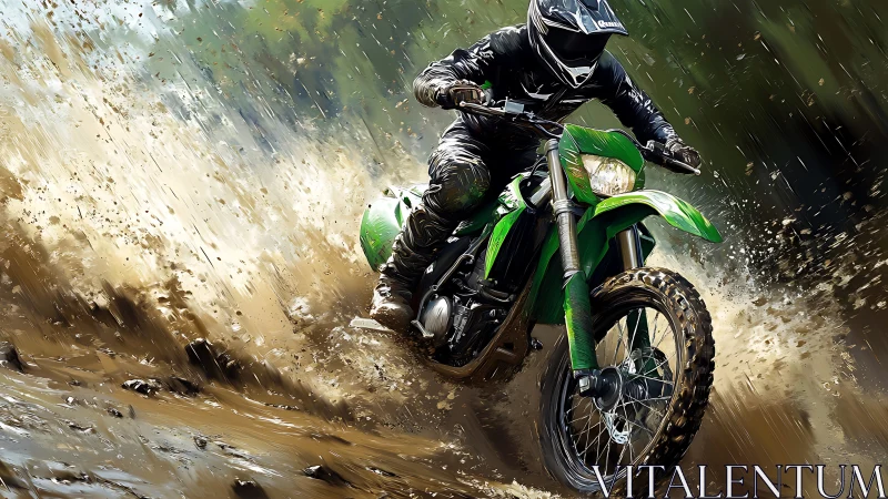 Mud-slinging green dirt bike slicing chaos and thunderous spray.