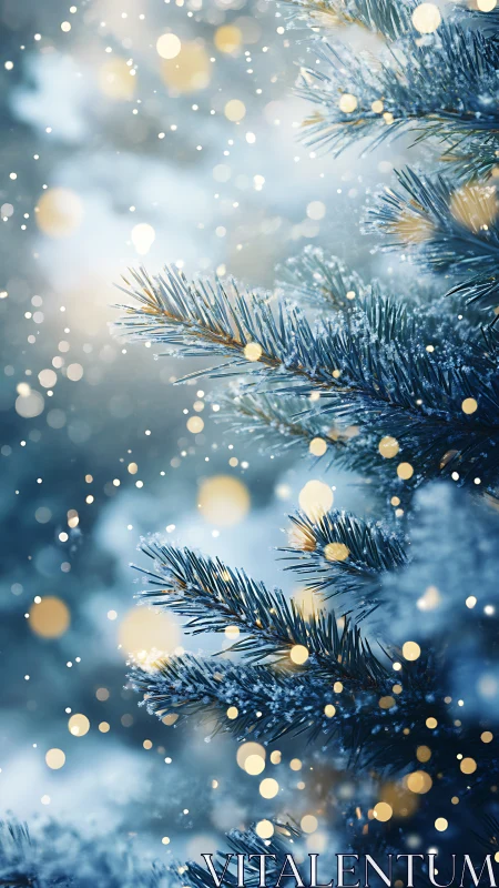 Snow covered fir branches glow amid soft golden bokeh light