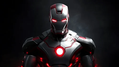 Futuristic armored humanoid robot stands against dark backdrop