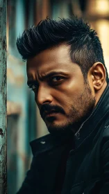 Brooding alleyway gaze carved in cinematic shadows.