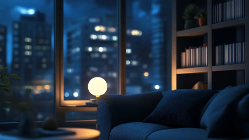 Interior night view shows lit globe lamp and blurred cityscape