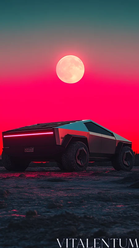 Neon moon crowns a polygonal truck on electric twilight plains
