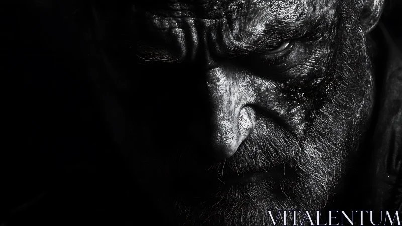 High-contrast monochrome portrait isolates scarred, textured face