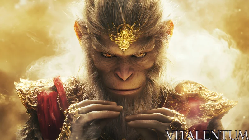 Mythic monkey king rendered in radiant golden digital realism