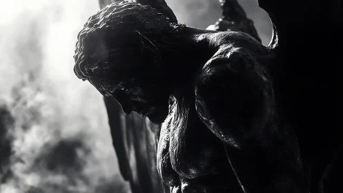 High-contrast fallen angel statue in dramatic side lighting