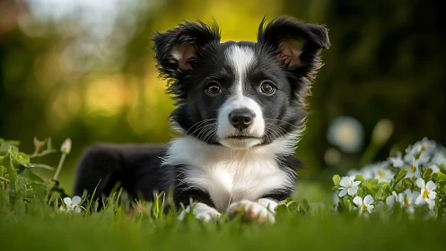 Garden-eyed border collie pup lounging in springtime calm.