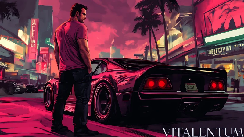 Neon-soaked street racer waits beside sleek retro car.