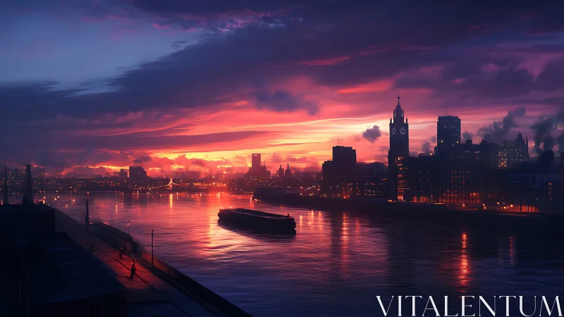 Industrial river city skyline under vivid sunset sky.