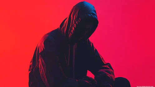 Hooded figure sinks into neon shadows against red glow