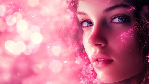 Female digital portrait shows closeup face in vivid pink glow