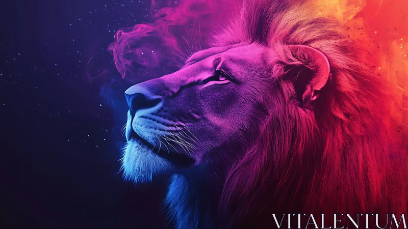 Neon lion portrait glows in vibrant cosmic gradients.