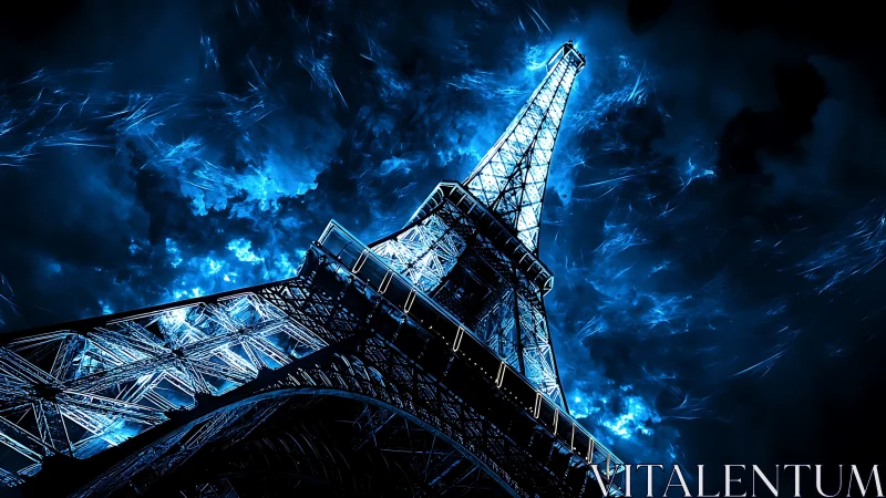 Eiffel Tower low angle view with blue illuminated night sky.