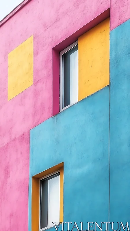 Geometric pastel facade with cyan, magenta and ochre panels.