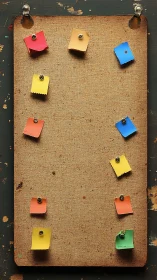 Weathered cork memo board with pinned multicolor paper tabs arranged vertically
