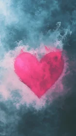 Vibrant Pink Heart Bursting Through Ethereal Blue Clouds.