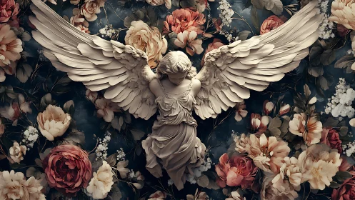 Winged stone angel amid dark floral baroque garden.