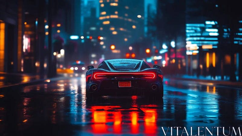 Midnight supercar gliding through neon city rain glow.