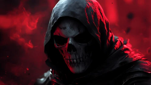 Hooded skull reaper glows under crimson inferno light.