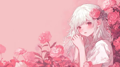 White haired anime girl standing among pink flowers.