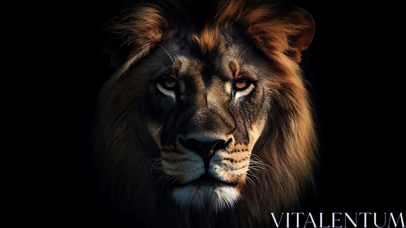 Low key frontal lion portrait with dramatic rim lighting