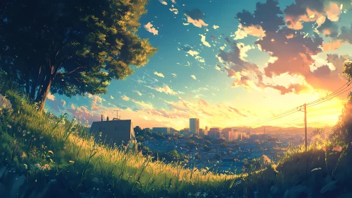 Hillside view of suburban city under low sunset sky.