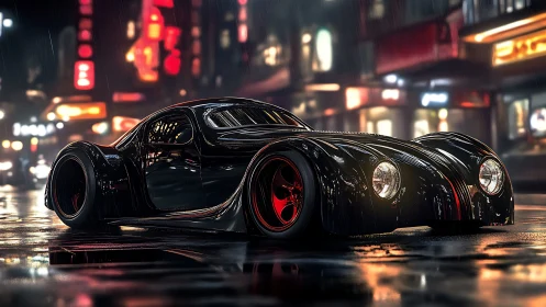 Retro-futurist black coupe glows in neon-soaked rain city.